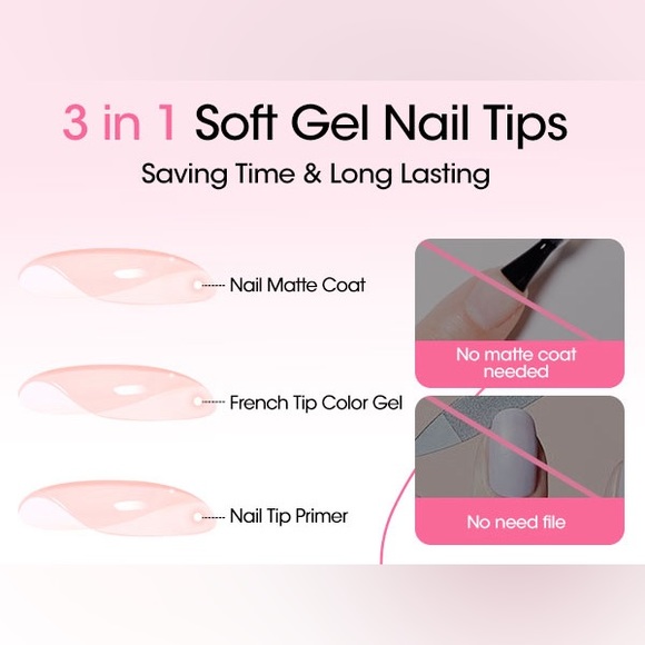150 Pink French Soft Gel Nail Tips, Short Square, 3 in 1, Tips for Nails Art - Picture 9 of 12